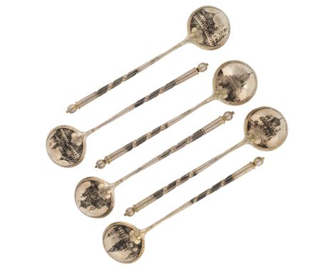 A GROUP OF SIX GILT SILVER AND NIELLO SPOONS WITH VIEWS OF THE MOSCOW KREMLIN, MARKED ITI, MOSCOW, LAST QUARTER OF THE 19TH C