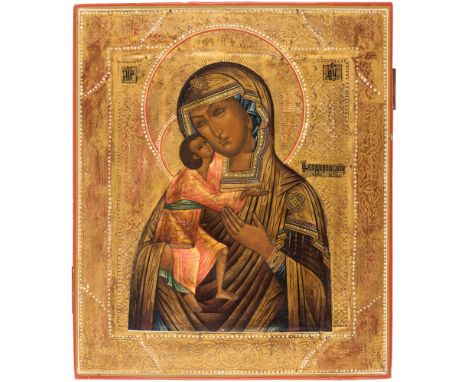 A RUSSIAN ICON OF THE FEODOROVSKAYA MOTHER OF GOD, 19TH CENTURY, the Mother of God is shown holding up the Christ Child who r