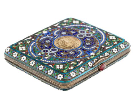 A RUSSIAN GILT SILVER AND CLOISONNE ENAMEL CIGARETTE CASE, NIKOLAI NEMIROV-KOLODKIN, MOSCOW, 1899-1908, of rectangular form w