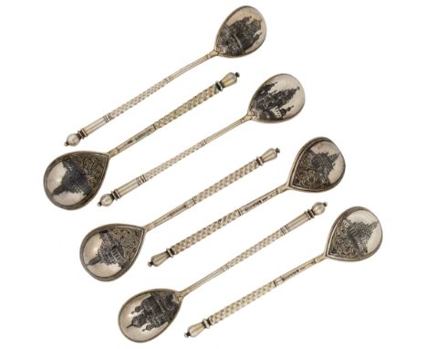 A GROUP OF SEVEN GILT SILVER AND NIELLO TEA SPOONS WITH VIEWS OF THE KREMLIN, MOSCOW, VARIOUS MAKERS, LAST QUARTER OF THE 19T