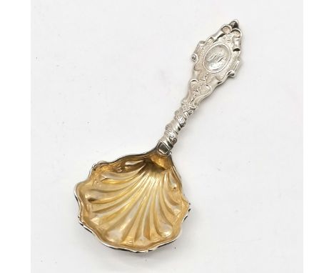1863 silver fancy caddy spoon with gilded bowl by FH - 10cm &amp; 23g