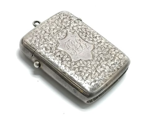 1893 silver vesta case with engraved detail (&amp; push button sprung lid) by George Unite - 5.5cm x 4cm &amp; 40g total weig