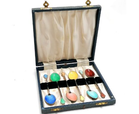 1964 cased set of 6 x harlequin enamel coffee spoons in a fitted box by Haseler &amp; Restall - spoons 10cm &amp; 79g total w