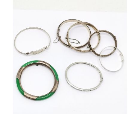 7 x silver bangles inc Scandia, channel set CZ (slight dents), Chinese hardstone etc - total weight 78g