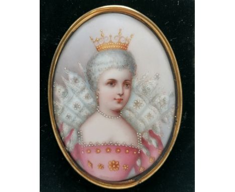 Antique porcelain plaque portrait miniature of a regal lady with enamel paint detail - leather frame 14.5cm x 12cm and has a 