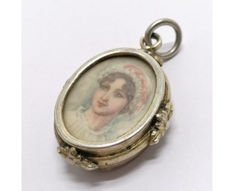 Antique unmarked silver double portrait locket pendant - 6cm drop