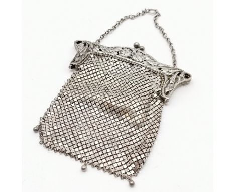 1902 Art Nouveau silver mesh purse by Julius Blanckensee - 14cm drop (23cm with chain) x 13cm across &amp; 146g - missing 2 b