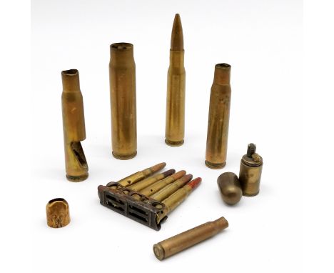 Qty of military empty shell cases - mostly WWII t/w trench style lighter - largest 11cm