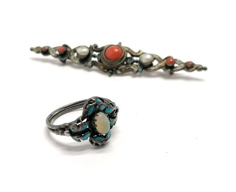 2 x antique unmarked silver Austro-Hungarian enamel jewellery - ring set with opal (size N½) &amp; bar brooch set with coral 
