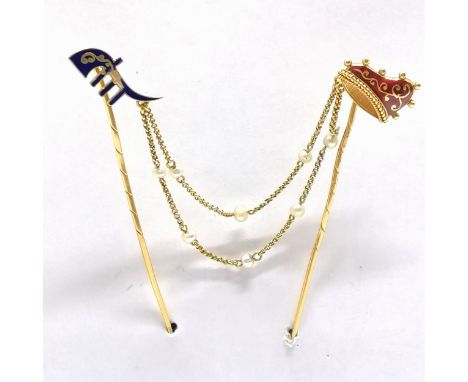 Antique Italian unmarked gold (touch tests as 18ct) double pin with enamel &amp; pearl detail - 4.1g total weight &amp; 5.5cm