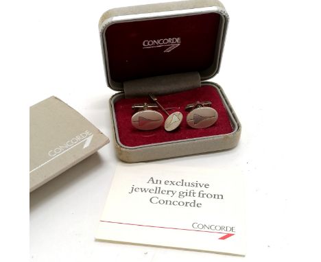 Concorde cased hallmarked silver pair of cufflinks + tie pin in original box with card &amp; sleeve