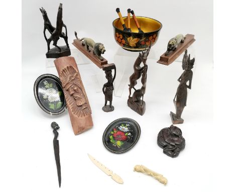 Russian lacquer bowl 19cm diameter, 3 ladles and 2 russian painted enamel dishes, 2 carved horn lions on bases, carved wooden