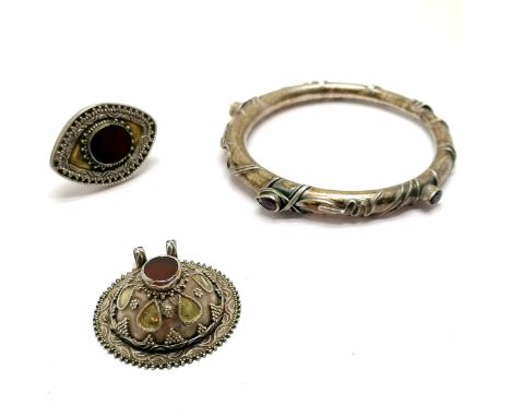 Ethnic unmarked silver &amp; gold pendant + ring set with red stones t/w unmarked silver bangle set with stones - 64g total w
