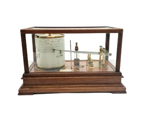 J Lizars (Glasgow / London) barograph in mahogany case - 31.5cm x 17cm x 19cm high with some used / unused charts
