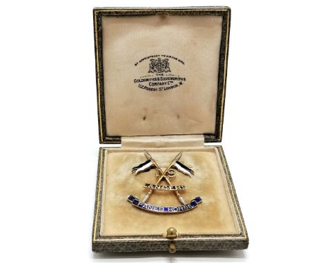 Unmarked gold (touch tests as 18ct) antique 19th Lancers sweetheart brooch with blue &amp; white enamel detail in original Go