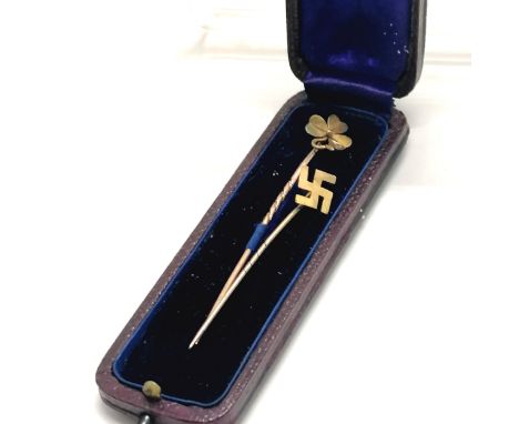 2 x antique tie stick pins ~ swastika (9ct) &amp; 3 leaf clover (15ct) ~ total weight 1.8g