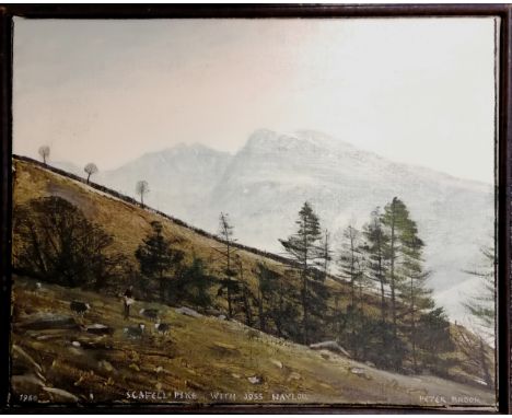 Peter Brook (1927-2009) original 1980 oil painting of Scafell Pike with Joss Naylor - frame 33cm x 41cm ~ Joseph Naylor MBE (