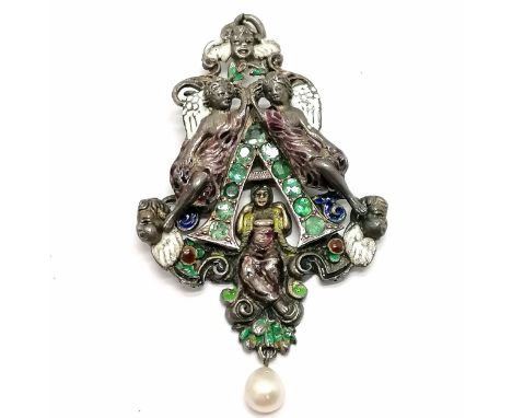 Antique Austro-Hungarian white metal pendant with stone set 'A' centre detail with winged cherubs and terminating with pearl 
