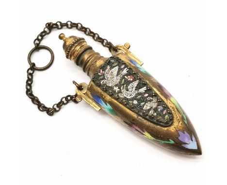 Italian antique holy water vessel on chain with micro mosaic 3 dove detail &amp; inlaid enamel detail - 14cm drop &amp; has g