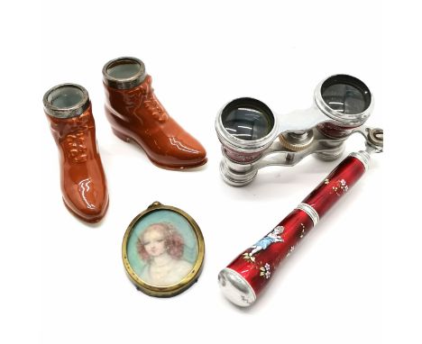 Antique aluminium / red enamel opera glasses with fine detail (top of arm a/f), portrait miniature tmw pair of silver mounted
