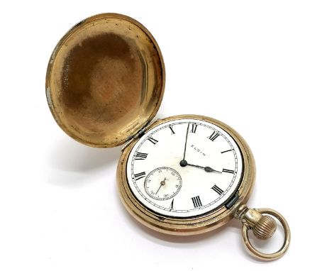 Antique gold plated Elgin hunter pocket watch - 5cm diameter and lacks glass &amp; running at time of listing BUT WE CANNOT G