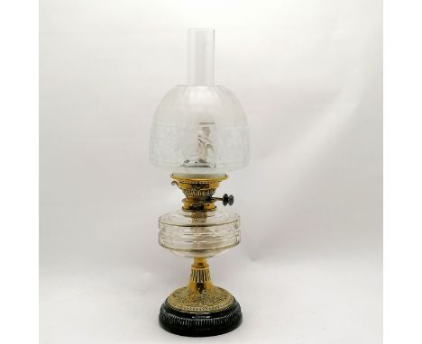 Antique oil lamp with acid etched shade on a black china &amp; brass base - 57.5cm total height with no obvious damage