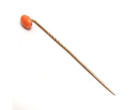 Antique unmarked gold stick pin with coral detail - 8cm &amp; 2g total weight