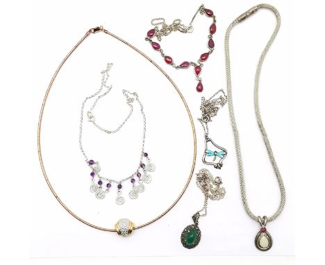 6 x silver necklaces inc opal pendant, gilt collar, enamel dragonfly pendant etc - total weight 54g