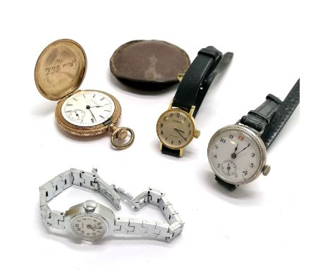 Antique gold plated Elgin fob watch (34mm case) with engraved detail t/w Tissot ladies manual wind &amp; silver cased trench 