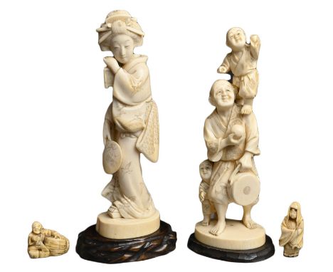 JAPANESE SIGNED IVORY OKIMONOS AND NETSUKES, MEIJI PERIOD. To include a carved Okimono of a geisha holding a fan and lantern 