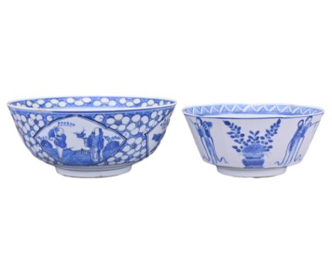 TWO CHINESE BLUE AND WHITE PORCELAIN BOWLS, 19TH CENTURY. To include a rounded bowl decorated with windows of figures and dec