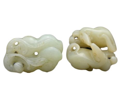 TWO CHINESE PALE CELADON JADE CARVINGS. To include a double gourd group and carving of two animals. 4.5cm - 5.5cm length. (2)