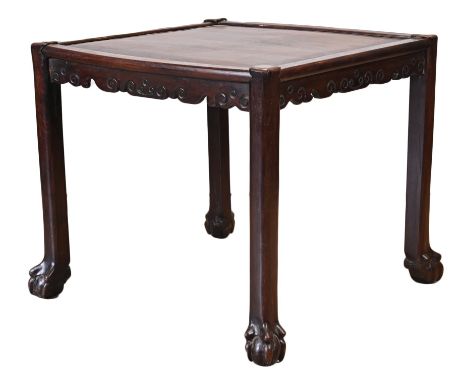 A CHINESE HARDWOOD SQUARE TABLE, 19TH CENTURY. With slightly raised border on carved scroll frieze with straight legs leading