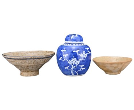 THREE CERAMIC ITEMS. To include a Chinese 19/20th century blue and white porcelain prunus jar and cover, a Chinese ceramic bo