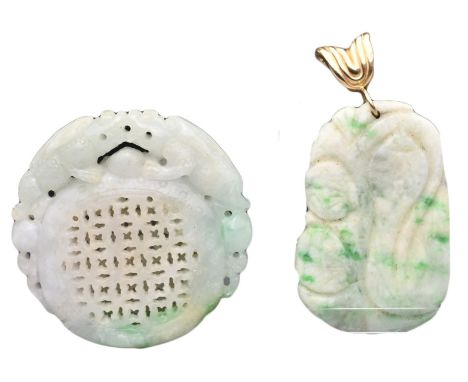 TWO CHINESE JADE PENDANTS, ONE WITH 14K GOLD CLASP. One circular pendant, hollowed and pierced with two mythical beasts. Toge
