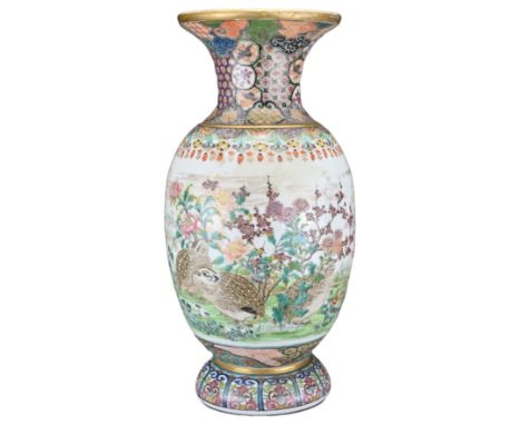 A JAPANESE CERAMIC VASE, 19/20TH CENTURY. Decorated in polychrome enamels with quails and birds in a garden scene. 36.5cm hei