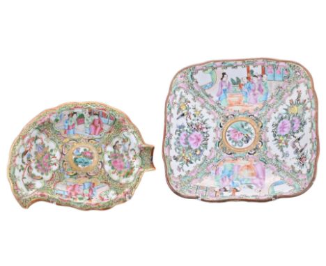 TWO CHINESE CANTON PORCELAIN DISHES, 19TH CENTURY. To include a square form dish decorated with figures and a famille rose le