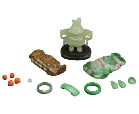 GROUP OF CHINESE JADE / STONE ITEMS. To include a carved jade monkey and peach pendant, an archaic style carving of an owl, a