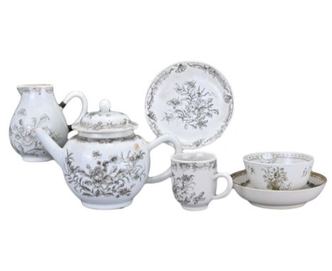 GROUP OF CHINESE ENCRE DE CHINE PORCELAIN, 18TH CENTURY. To include a teapot, milk jug, cup, bowl and two saucers with floral