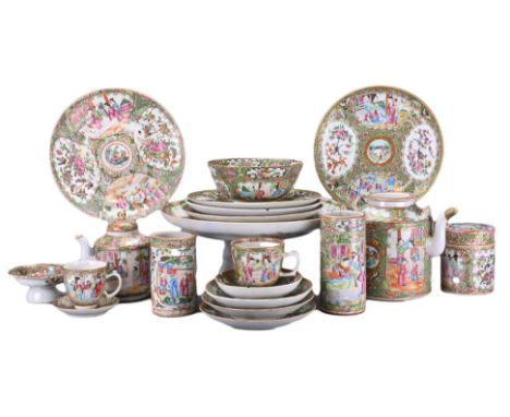 A GROUP OF CHINESE CANTON FAMILLE ROSE PORCELAIN, 19TH CENTURY. To include a large tazza, two tea pots, two cylindrical pots,