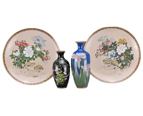 GROUP OF FOUR JAPANESE CLOISONNÉ ITEMS. To include a pair of dishes decorated with quails and floral blooms. Together with tw