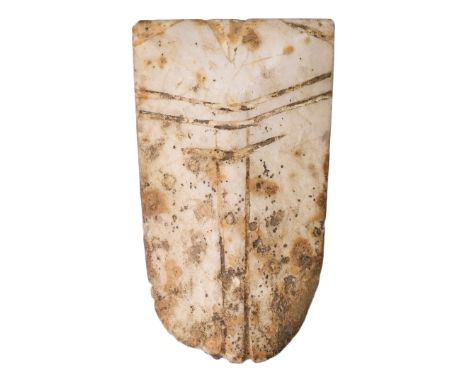 A CHINESE CALCIFIED JADE CICADA-SHAPED MOUTH PIECE, PROBABLY HAN DYNASTY (206BC-220AD). Possibly nephrite jade carved in the 