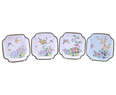 FOUR CHINESE CANTON ENAMEL DISHES, 19/20TH CENTURY. Each of square form decorated with scenes of butterflies and flowers. 14.