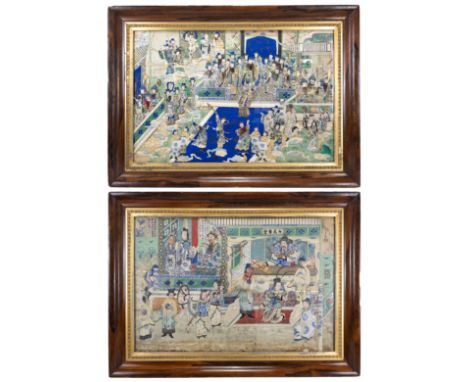 A PAIR OF LARGE AND IMPRESSIVE CHINESE PAINTED APPLIQUÉ SCENES, QING DYNASTY. The first a scene of Baihu Jie Tang 'White Tige