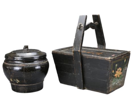 TWO CHINESE CONTAINERS, 19/20TH CENTURY. To include a rounded lacquer container and cover with lion dog finial, with added fl