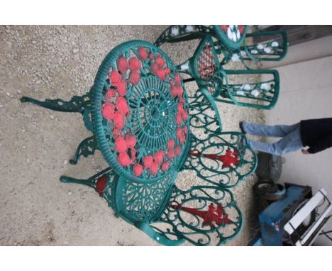 Metal Two Seater Garden Bench and Circular Table painted Green with Red and White flowers