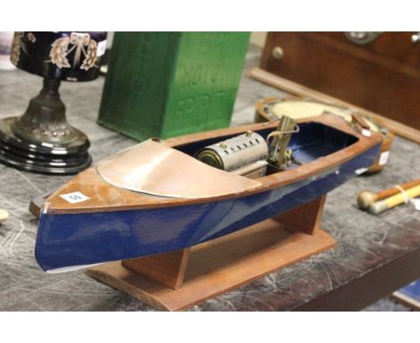 Oak Scratch Built Model Speed Boat, Mamod steam engine propelled, with copper hood on stand