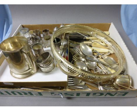 A Mixed Lot of Silver Plated Items including a Pair of Napkin Rings, Salt and Pepper Pot, Five Salt Cellars, Tankard, Trophy,