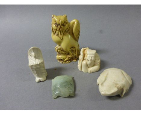 Jade Tortoise together with Stone Frog and Owl plus Resin Owl and Chinese Figure