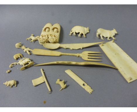 Collection of Small Ivory Items including Animals, Carriage Spoon and Fork, etc